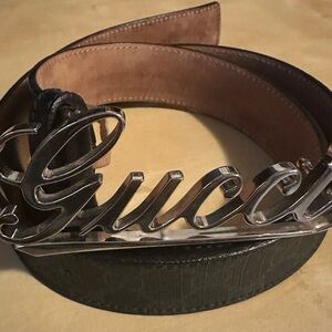 Gucci Black Leather Belt with Silver Script Buckle